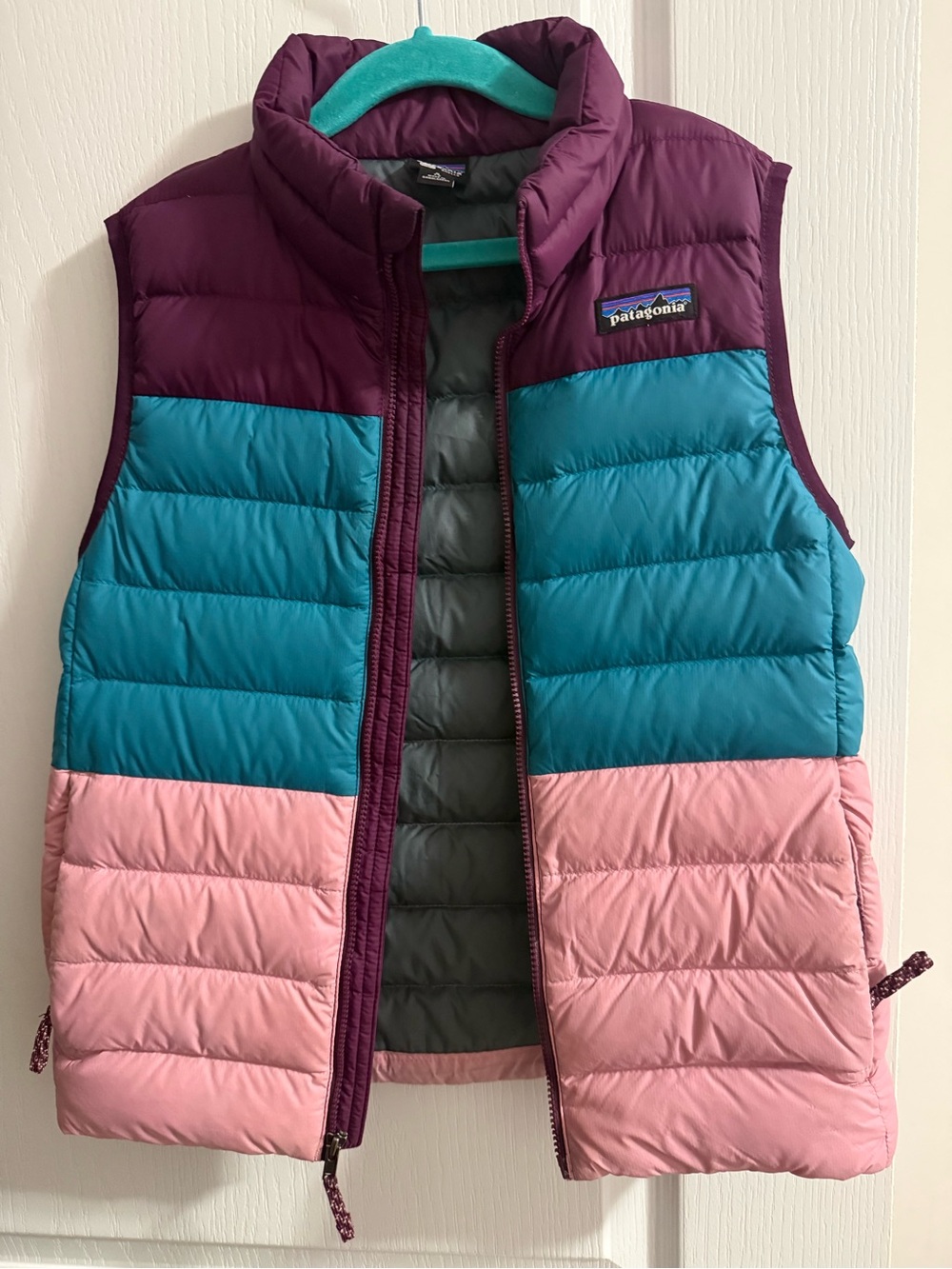 Patagonia Kids Colorblock Puffer Vest in Plum, Teal & Pink